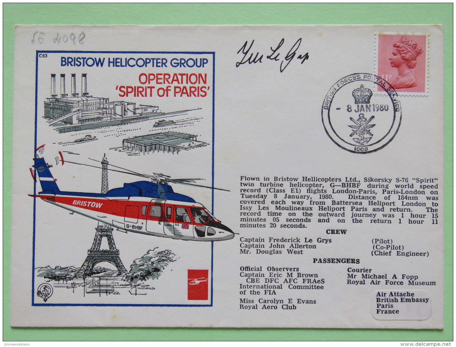 Great Britain 1980 Signed Military Special Cover From London - Paris (Issy Les Moulineaux) To London U.K. - Helicopter - - Covers & Documents