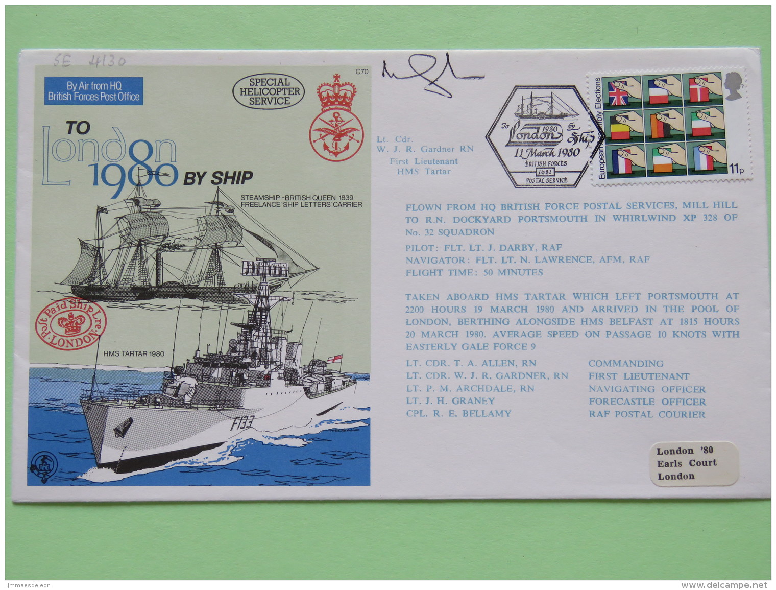 Great Britain 1980 Signed Military Special Cover From Ship HMS Tartar To U.K. - Helicopter - European Community Election - Covers & Documents