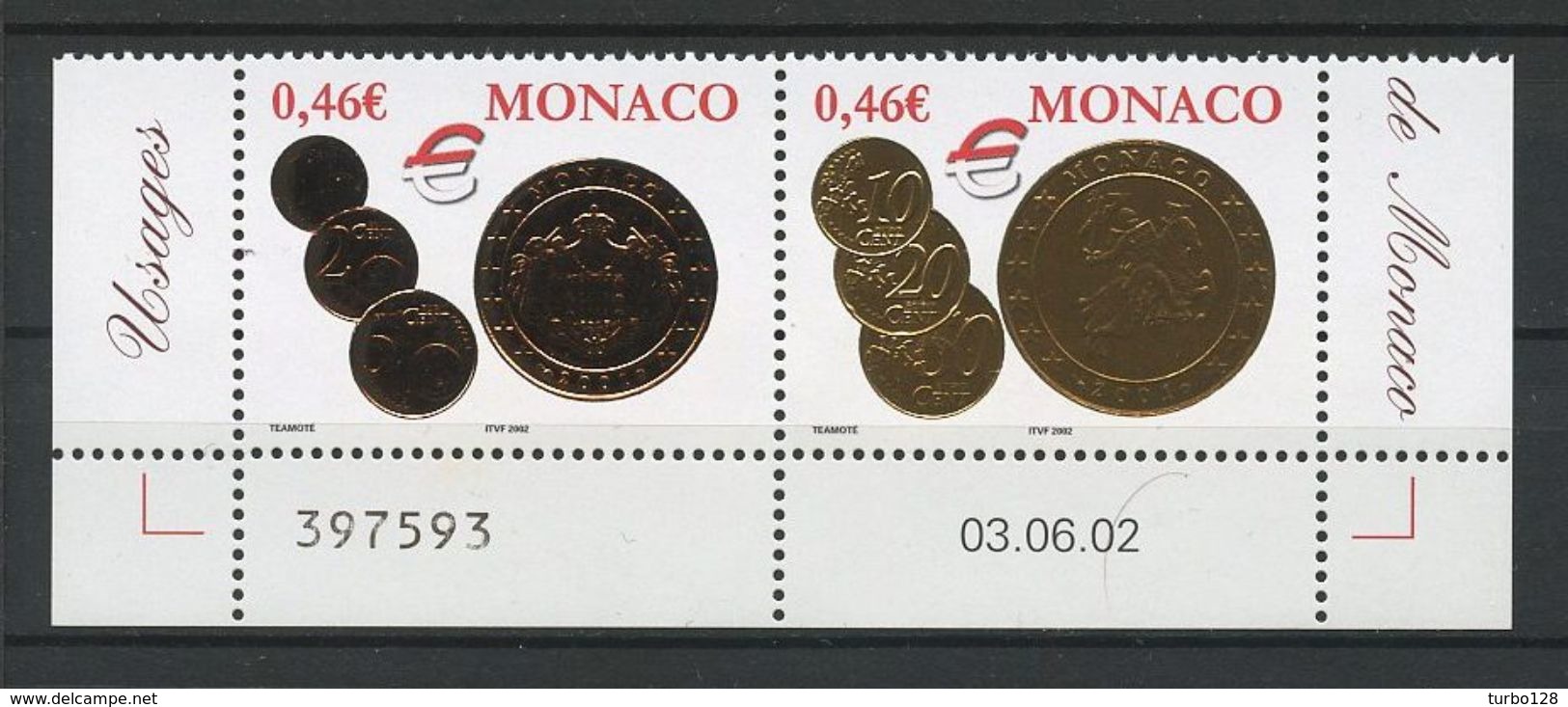 MONACO 2002 N° 2356/2357 ** Neufs MNH Superbes Cote 3.60 &euro; Pièces De Monnaies Monégasques Euros - Neufs