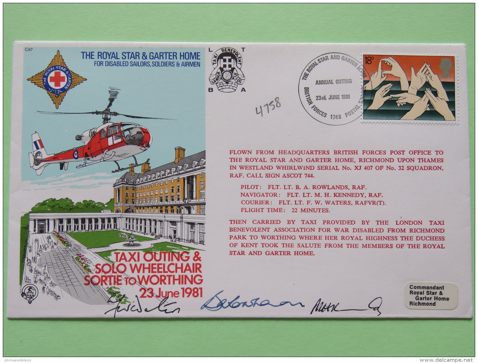 Great Britain 1981 Signed Military Special Cover From Royal Star To U.K. - Helicopter - Sign Language - Hands - Red Cros - Covers & Documents