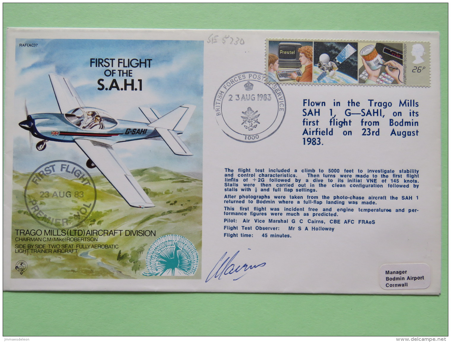 Great Britain 1983 Signed Military Special Cover From Bodmin Airfield To U.K. - Plane - Information Technology Informati - Covers & Documents