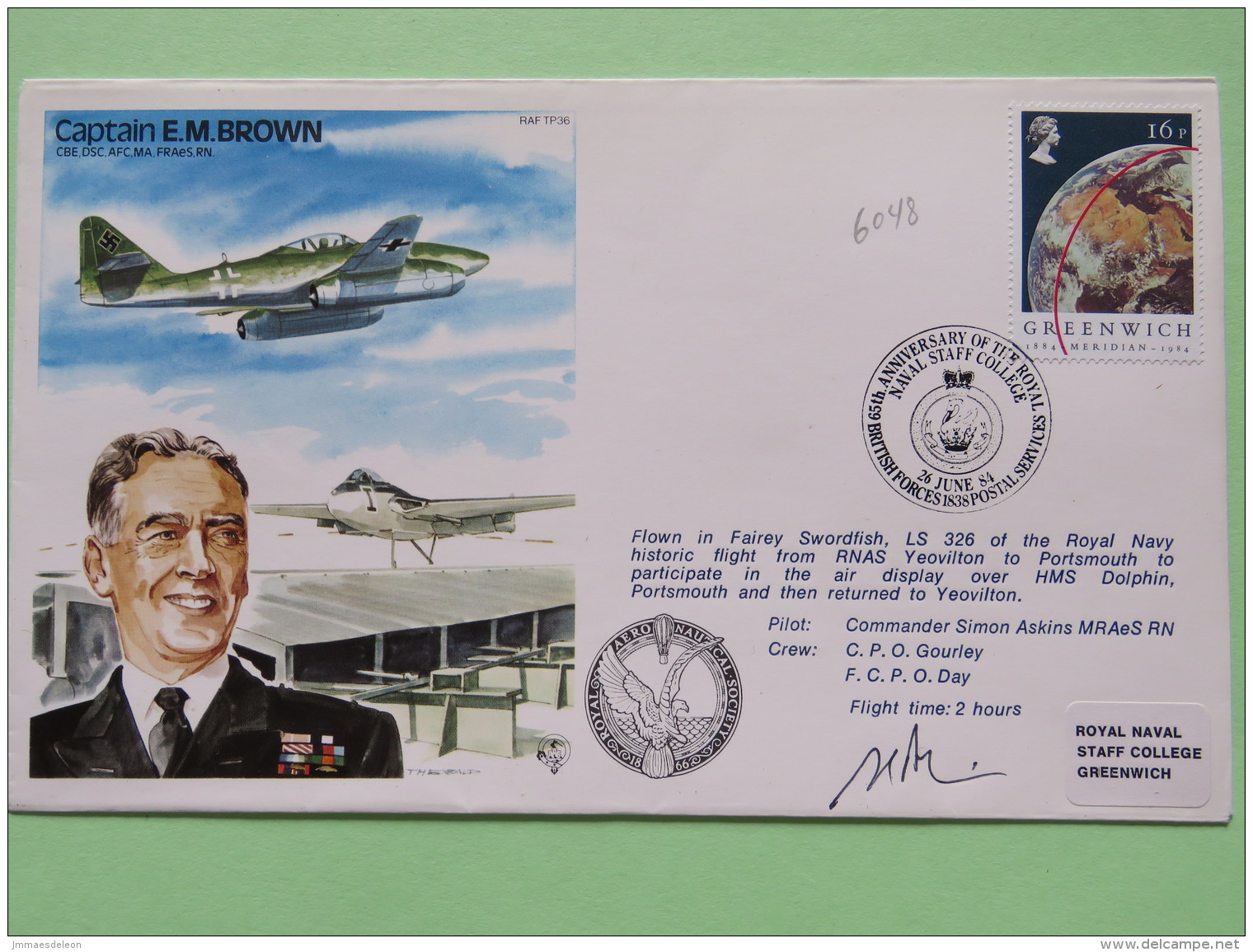 Great Britain 1984 Signed Military Special Cover From Yeovilton Around HMS Dolphin To U.K. - Plane - Greenwich Meridian - Covers & Documents