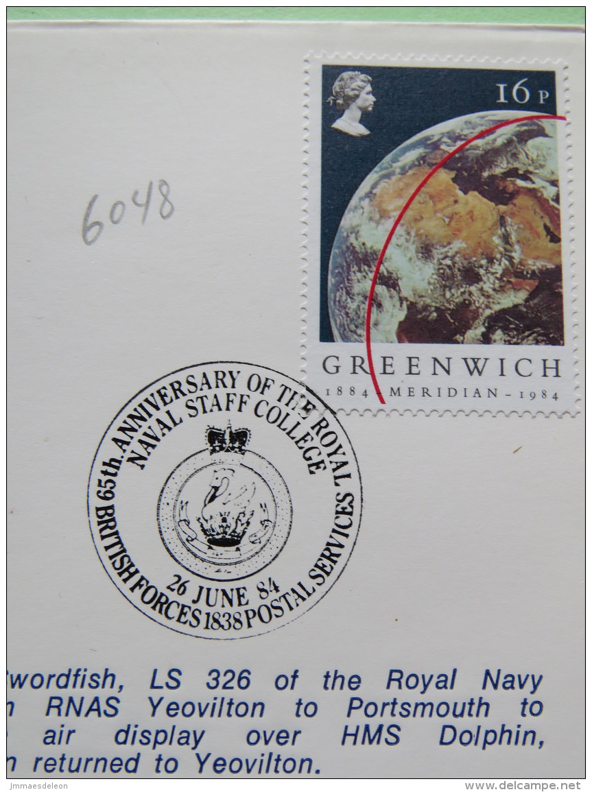 Great Britain 1984 Signed Military Special Cover From Yeovilton Around HMS Dolphin To U.K. - Plane - Greenwich Meridian - Covers & Documents