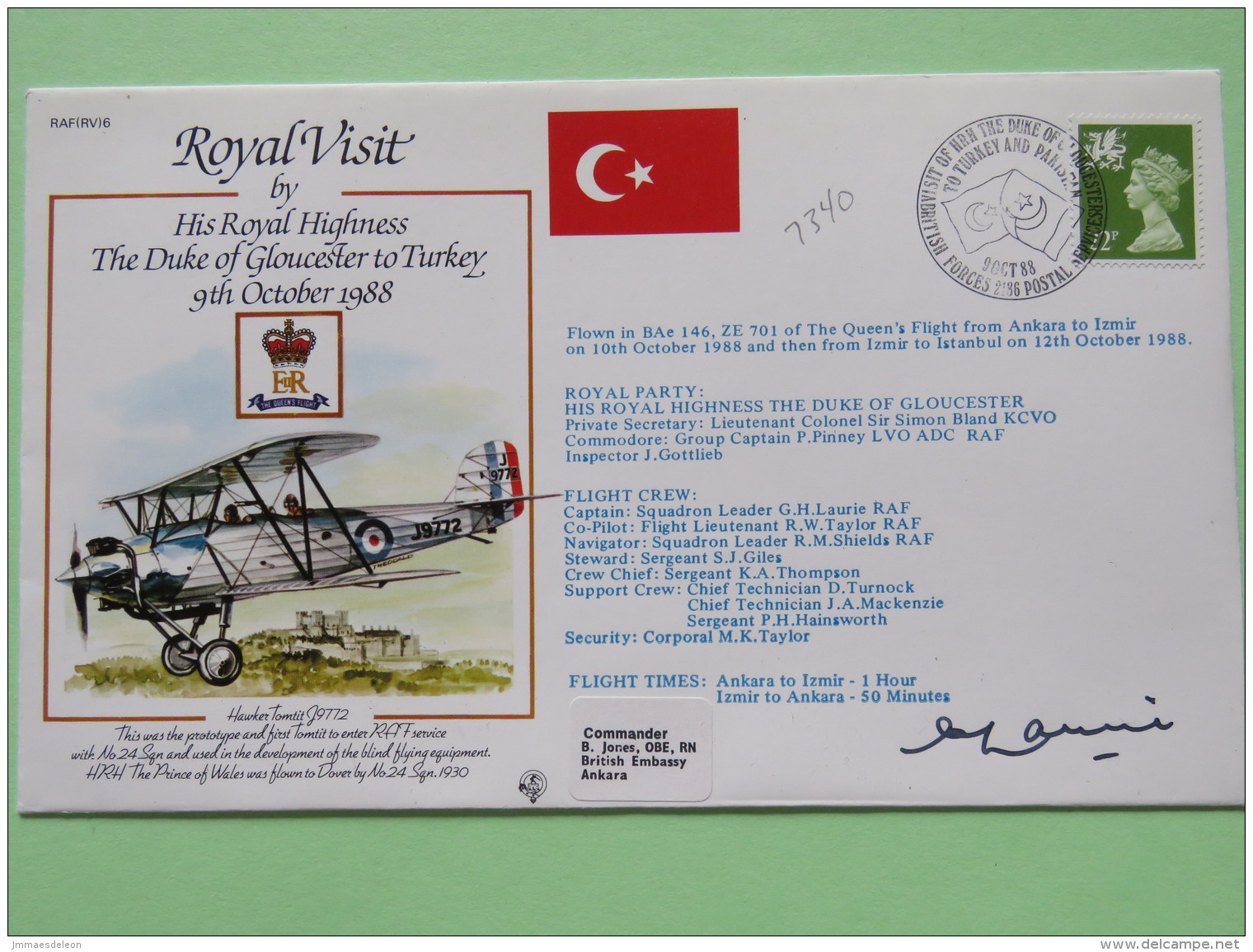 Great Britain 1988 Signed Military Special Cover From Ankara Turkey To Izmir - Istambul - Plane - Royal Visit - Turkey F - Covers & Documents