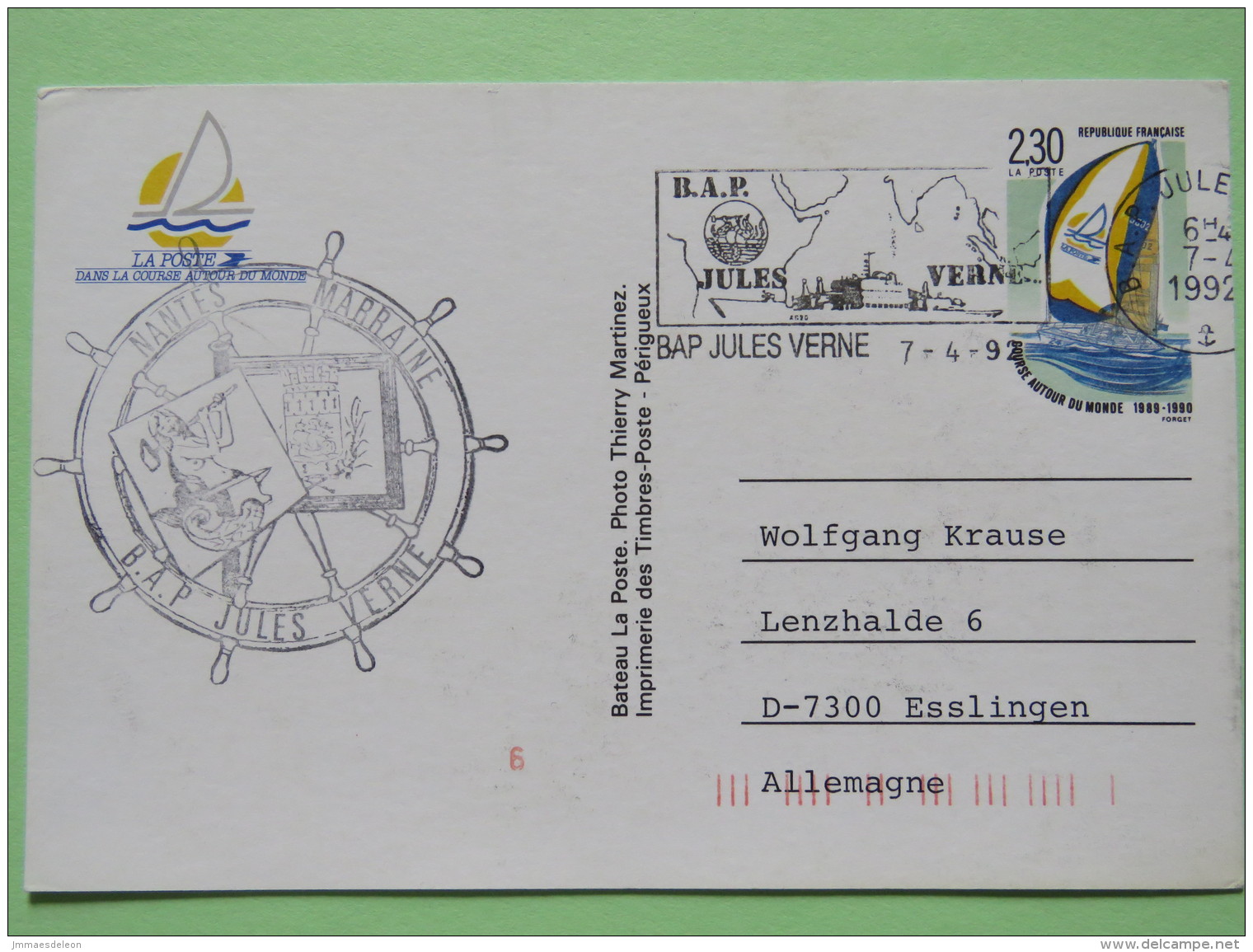 France 1992 Special Postcard From Ship B.A.P. Jules Verne To Germany - Sailing Ship - Ongebruikt