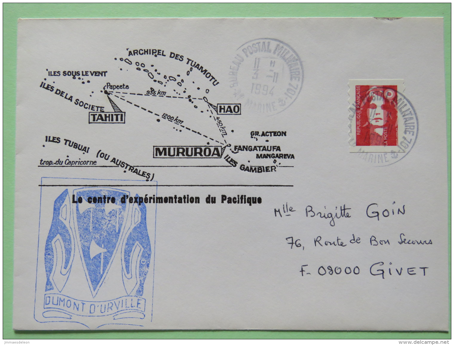 France 1994 Military Cover From Dumont D'Urville Experimentation Center To France - Map - Sabine - Ongebruikt