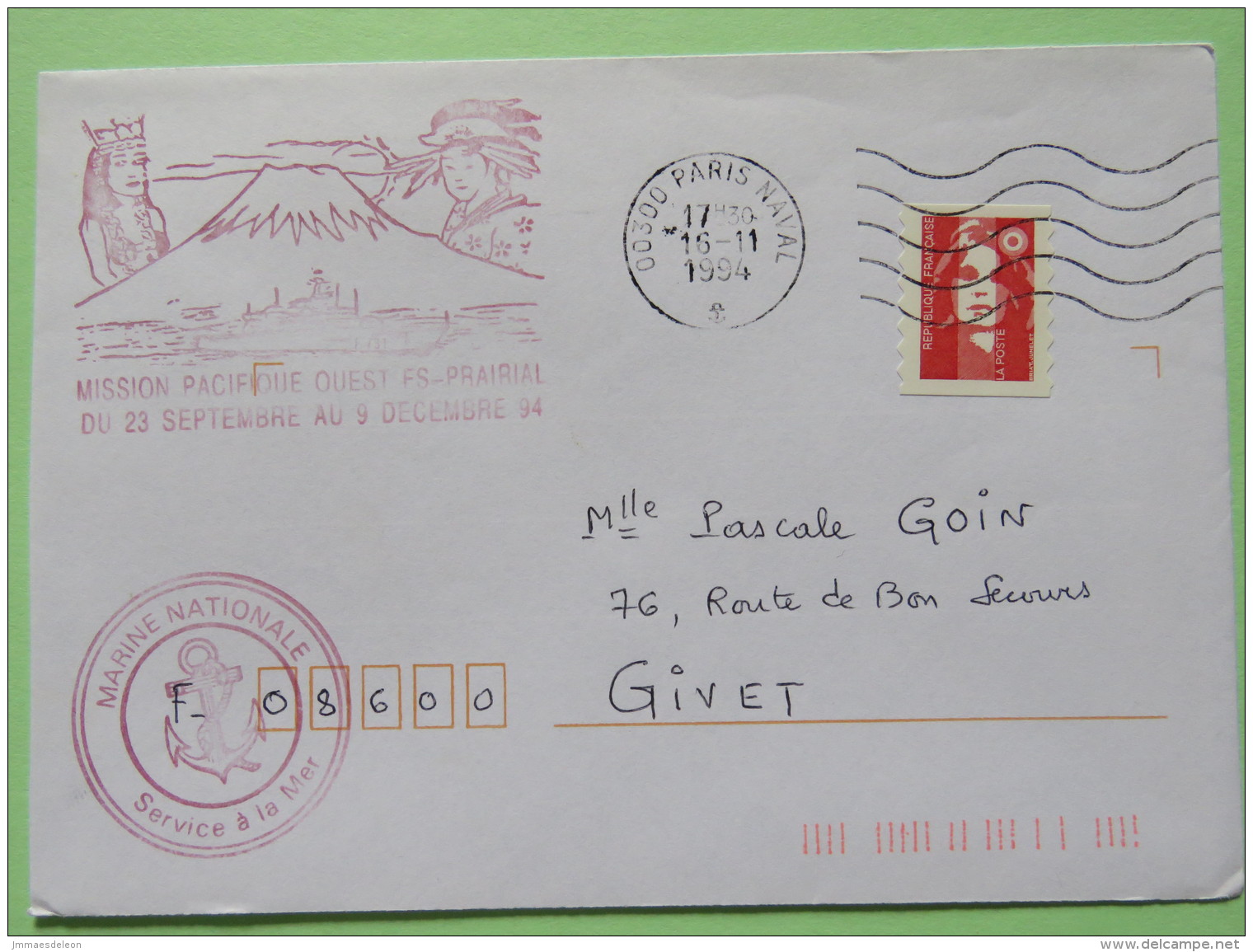 France 1994 Military Cover From Pacific West Mission - Fregate Prairial - Tahiti To France - Sabine - Volcano - Nuevos