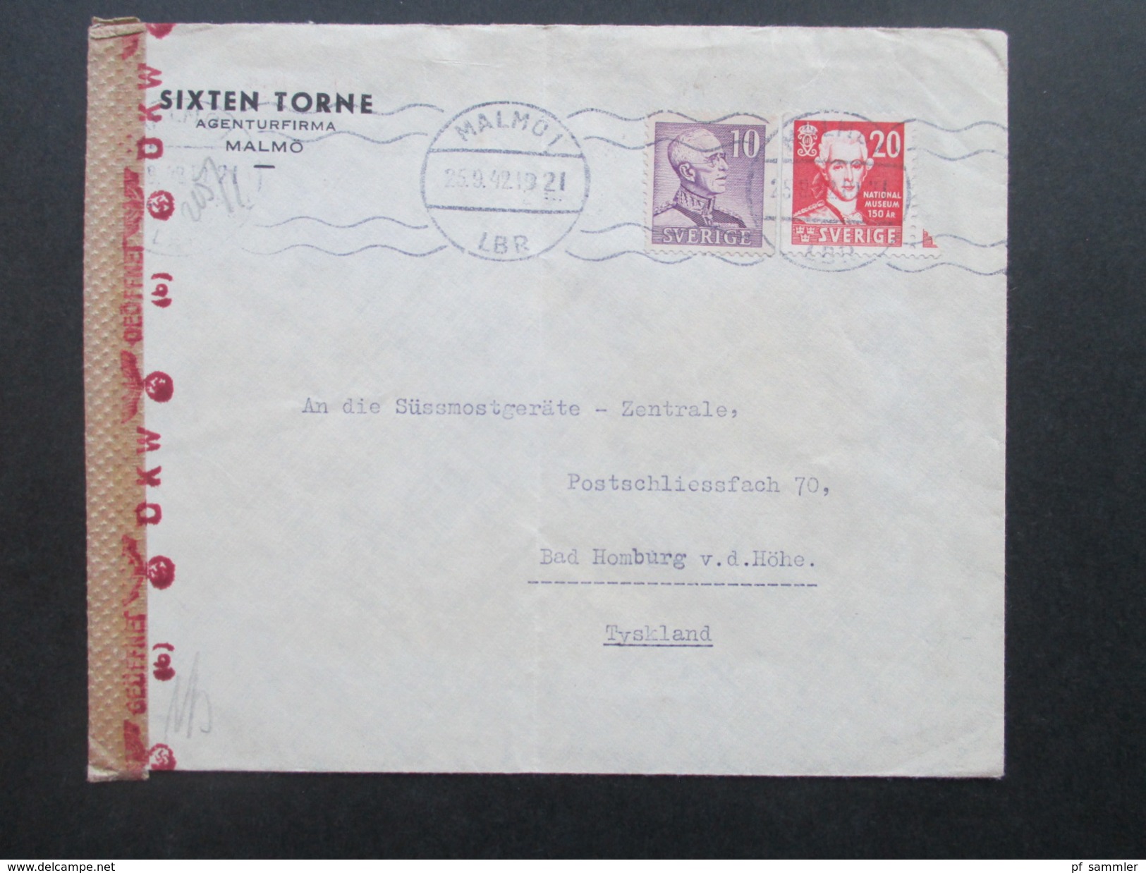 Schweden 1942 Zensur Der Wehrmacht / Zensurpost / OKW Geöffnet. Malmö LBR -Bad Homburg V. D. Höhe. Süssmostgeräte - Cartas & Documentos