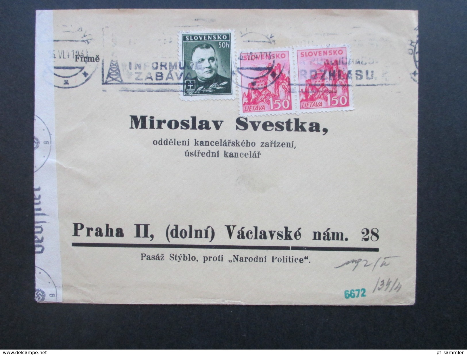 Slovensko/Slowakei 1941 Zensurpost/Zensur Der Wehrmacht/Mehrfachzensur.Grüner/roter Stempel. Nach Prag. Narodni Politice - Storia Postale