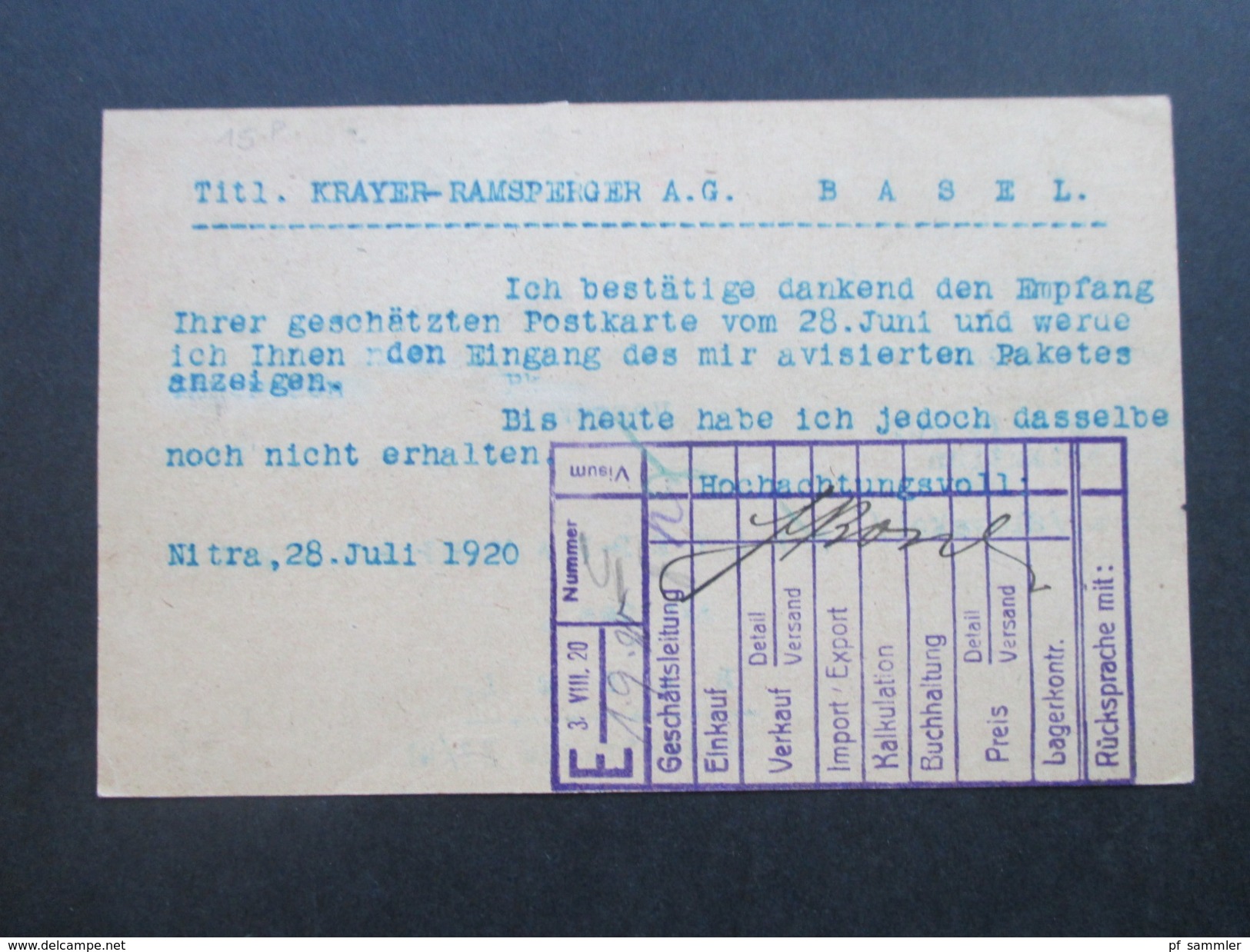 Slovakei / Tschechoslowakei 1920 GA Mit Zusatzfrankatur. Zensurpost / Censura. Nitra - Basel Schweiz. Malzfabrikation - Lettres & Documents