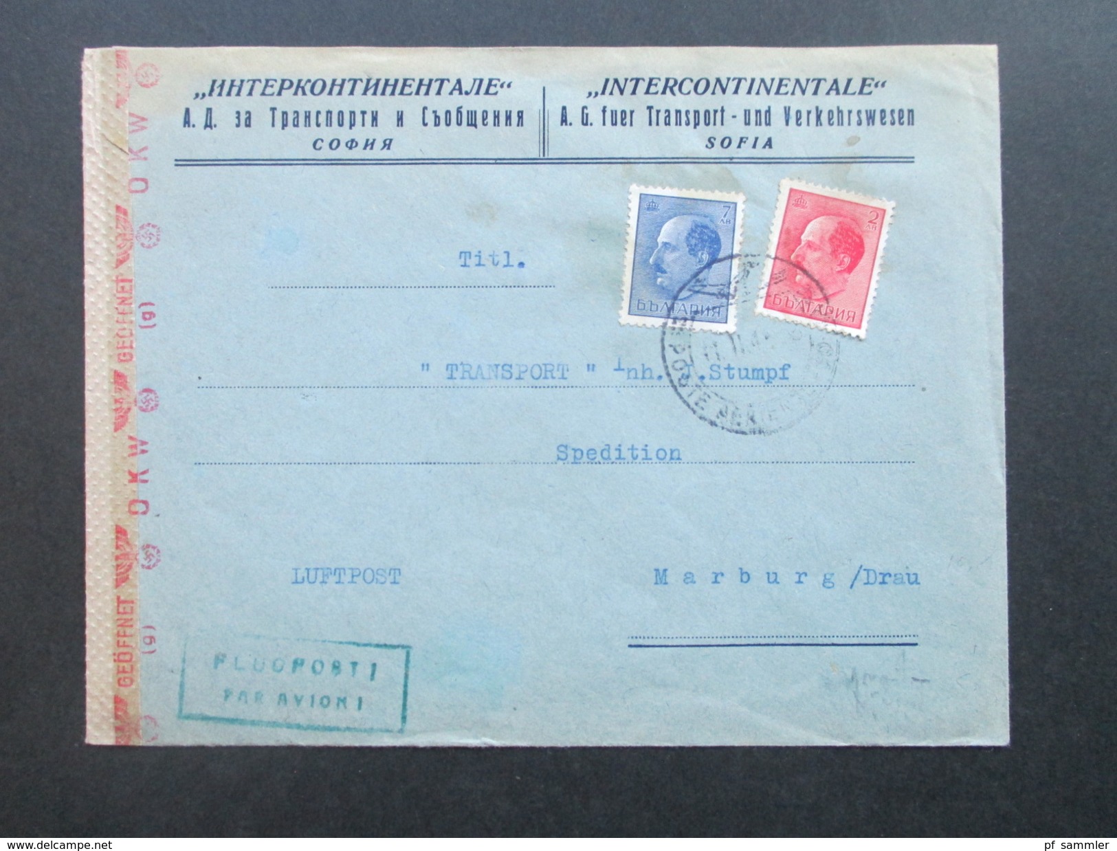 Bulgarien 1943 Zensurpost / Geöffnet OKW (g) Zensur Der Wehrmacht. Sofia - Marburg Drau. Intercontinentale A.G. - Cartas & Documentos