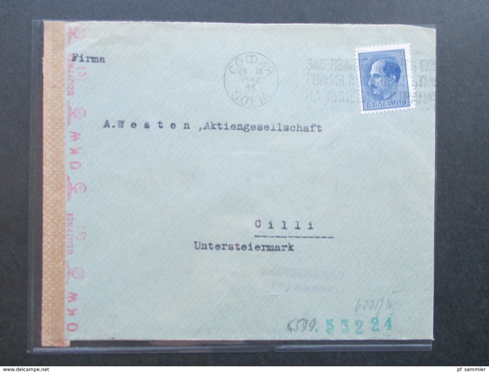 Bulgarien 1942 Zensurpost / Mehrfachzensur. Sofia - Cilli / Celje Slowenien Untersteiermark. Grüne Zensurstempel - Storia Postale