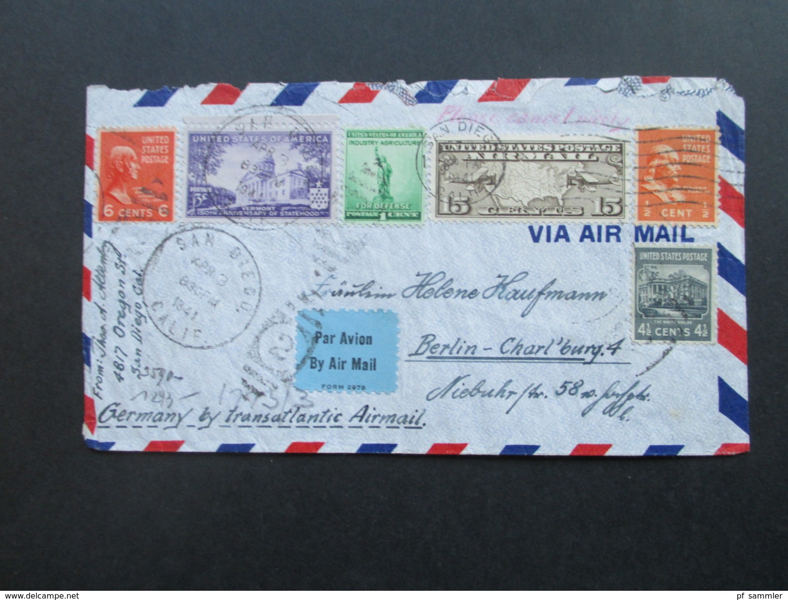 USA 1941 By Transatlantic Airmail. San Diego - Berlin. 3-fach Zensur. Geöffnet Oberkommando Der Wehrmacht. Zensurpost - Brieven En Documenten