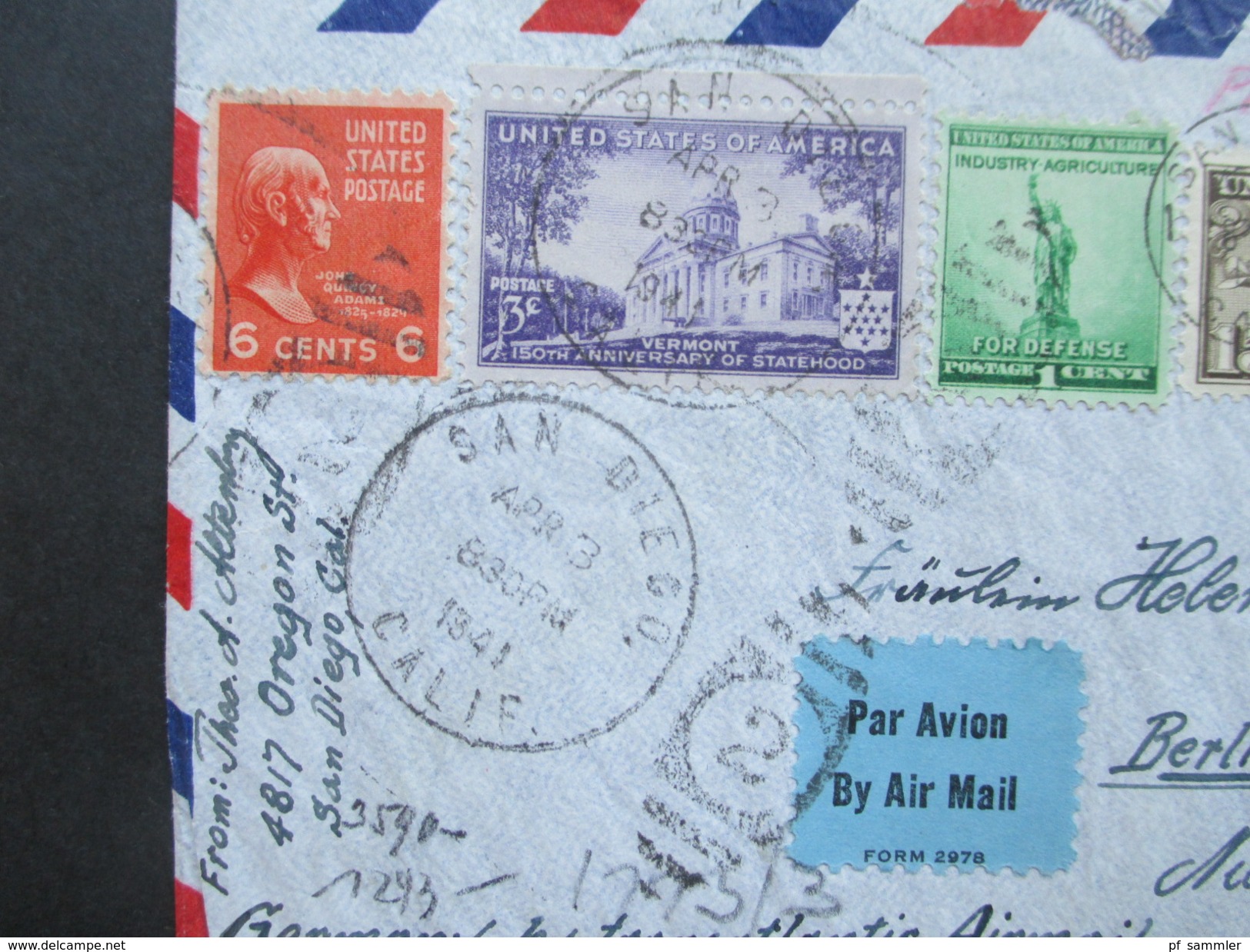 USA 1941 By Transatlantic Airmail. San Diego - Berlin. 3-fach Zensur. Geöffnet Oberkommando Der Wehrmacht. Zensurpost - Storia Postale