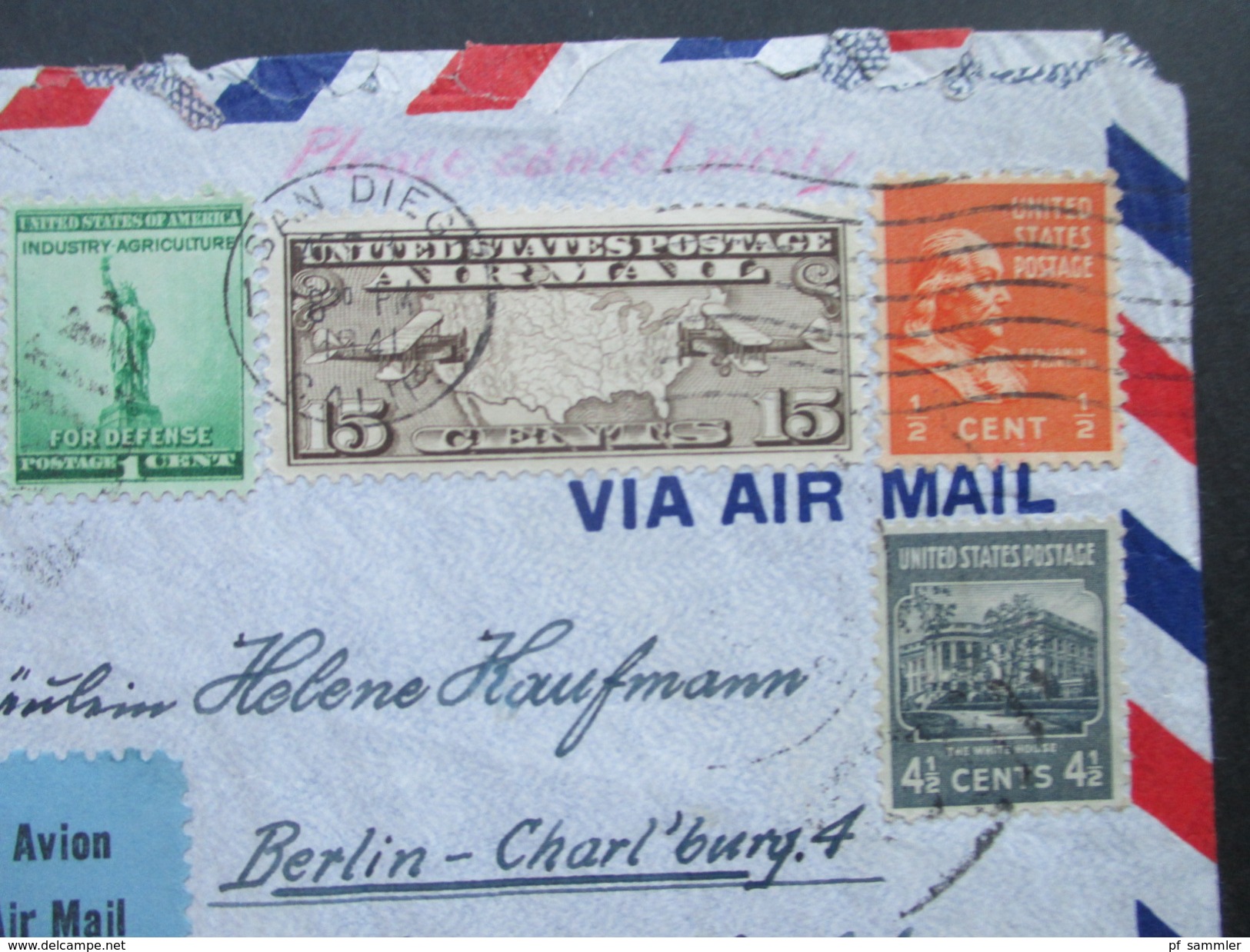 USA 1941 By Transatlantic Airmail. San Diego - Berlin. 3-fach Zensur. Geöffnet Oberkommando Der Wehrmacht. Zensurpost - Briefe U. Dokumente