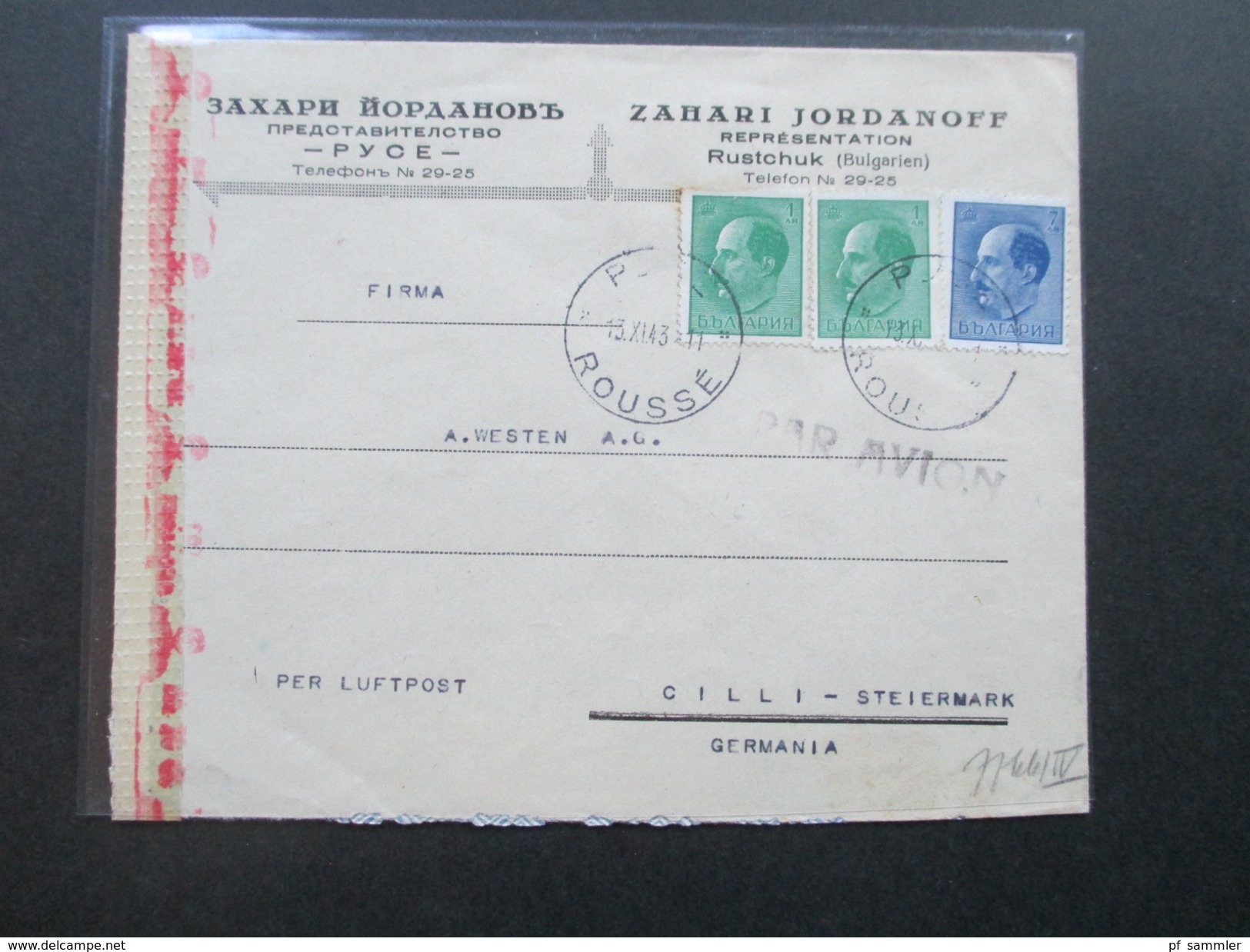 Bulgarien 1943 Zensurpost / Mehrfachzensur. Rustchuk - Cilli / Celje Slowenien Untersteiermark. Luftpost - Storia Postale