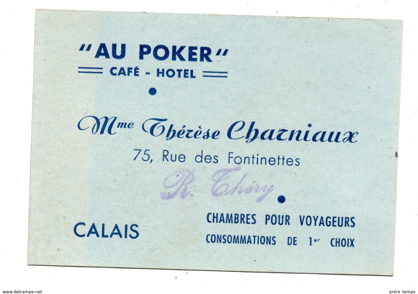 Calais Carte Note "Au Poker" Café Hotel  Charniaux - Colecciones