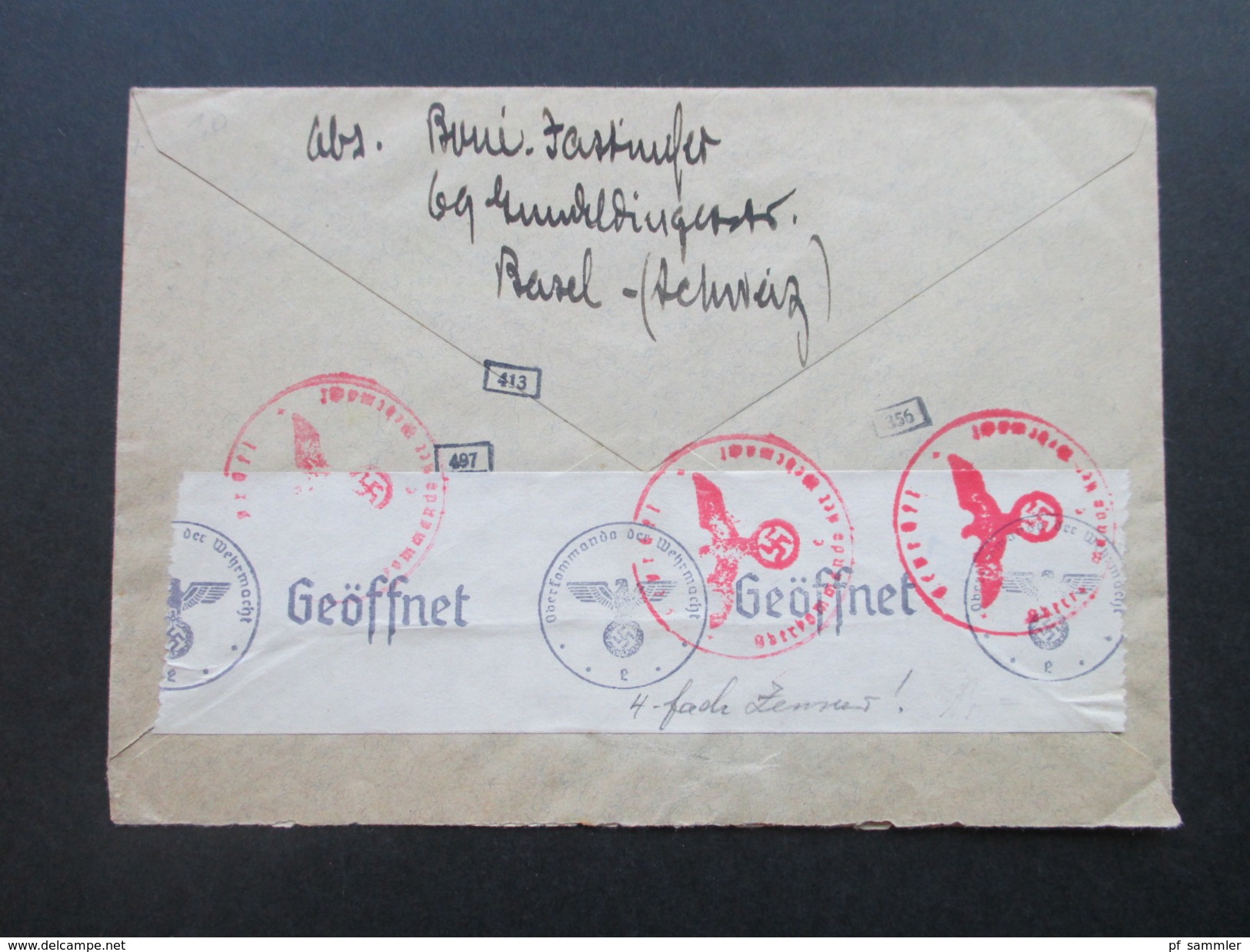 Schweiz 1942 Mehrfachzensur / 4-fach Zensur Der Wehrmacht. Nr. 303 Oberrand EF. Basel - Strassburg. Geöffnet - Storia Postale