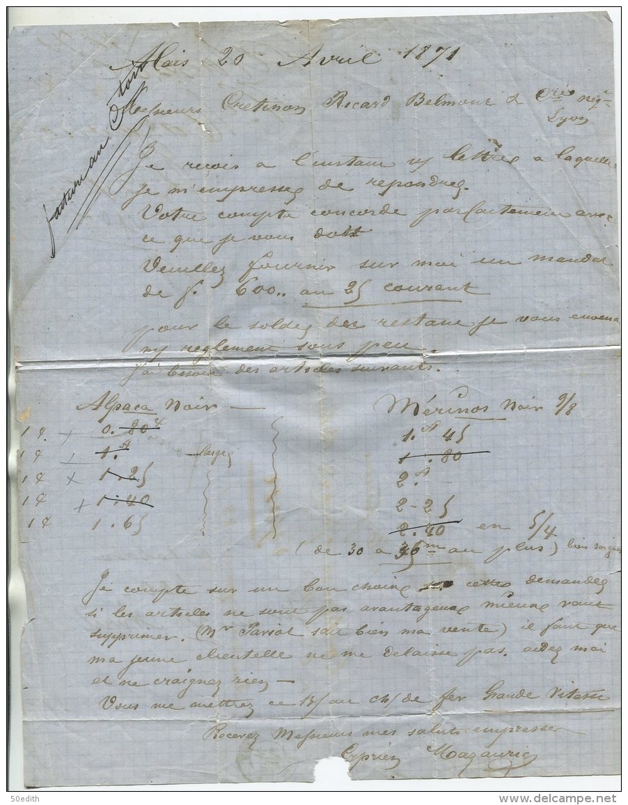 N°43 Report 2 Paire +  GC 47  /  Lettre De  Alais   Pour  Lyon - 1870 Emissione Di Bordeaux