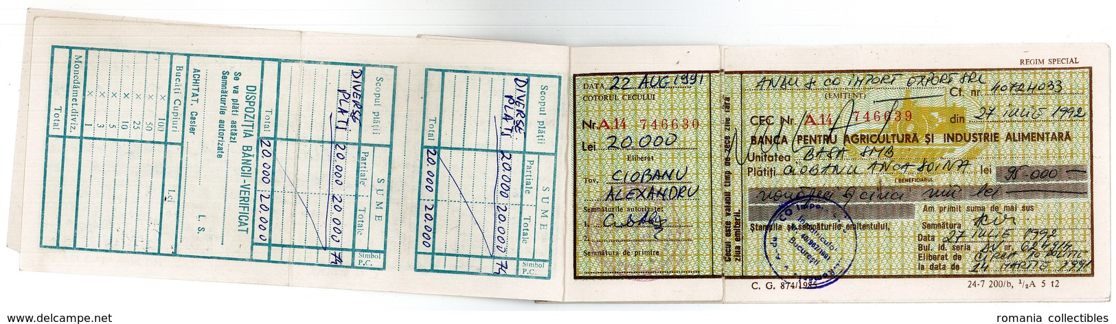 Romania, 1991, Vintage Bank Checkbook, Bank For Agriculture And Food Industry - Chèques & Chèques De Voyage