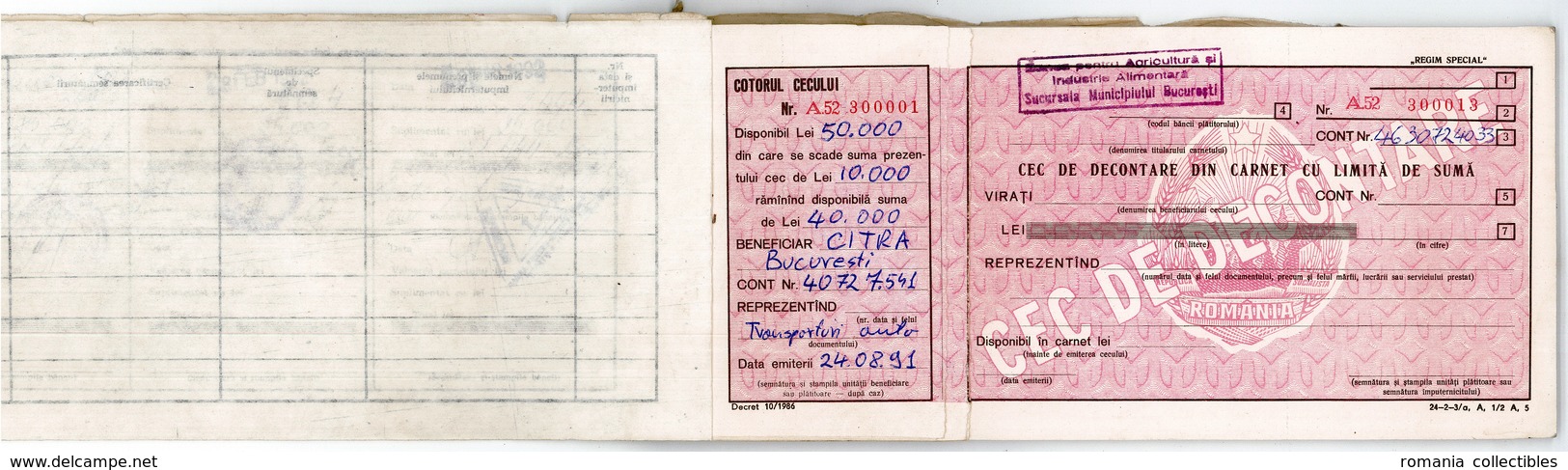 Romania, 1991, Vintage Bank Checkbook, Agricultural Bank "Banca Agricola" - Cheques & Traveler's Cheques