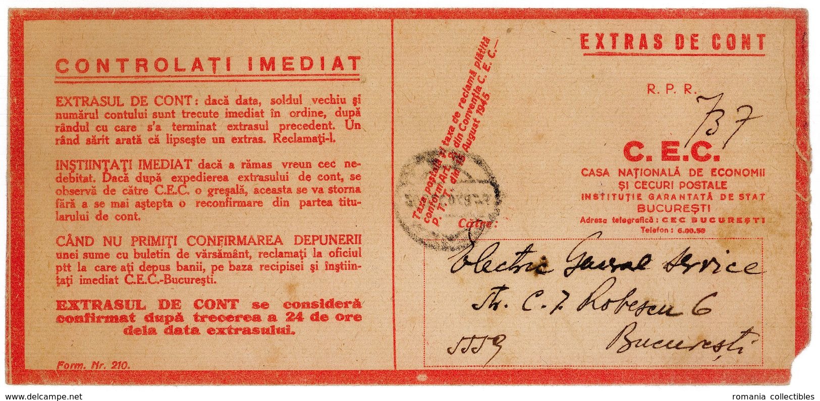 Romania, 1948, Vintage Account Statement Envelope, Romanian Savings Bank - CEC - Chèques & Chèques De Voyage