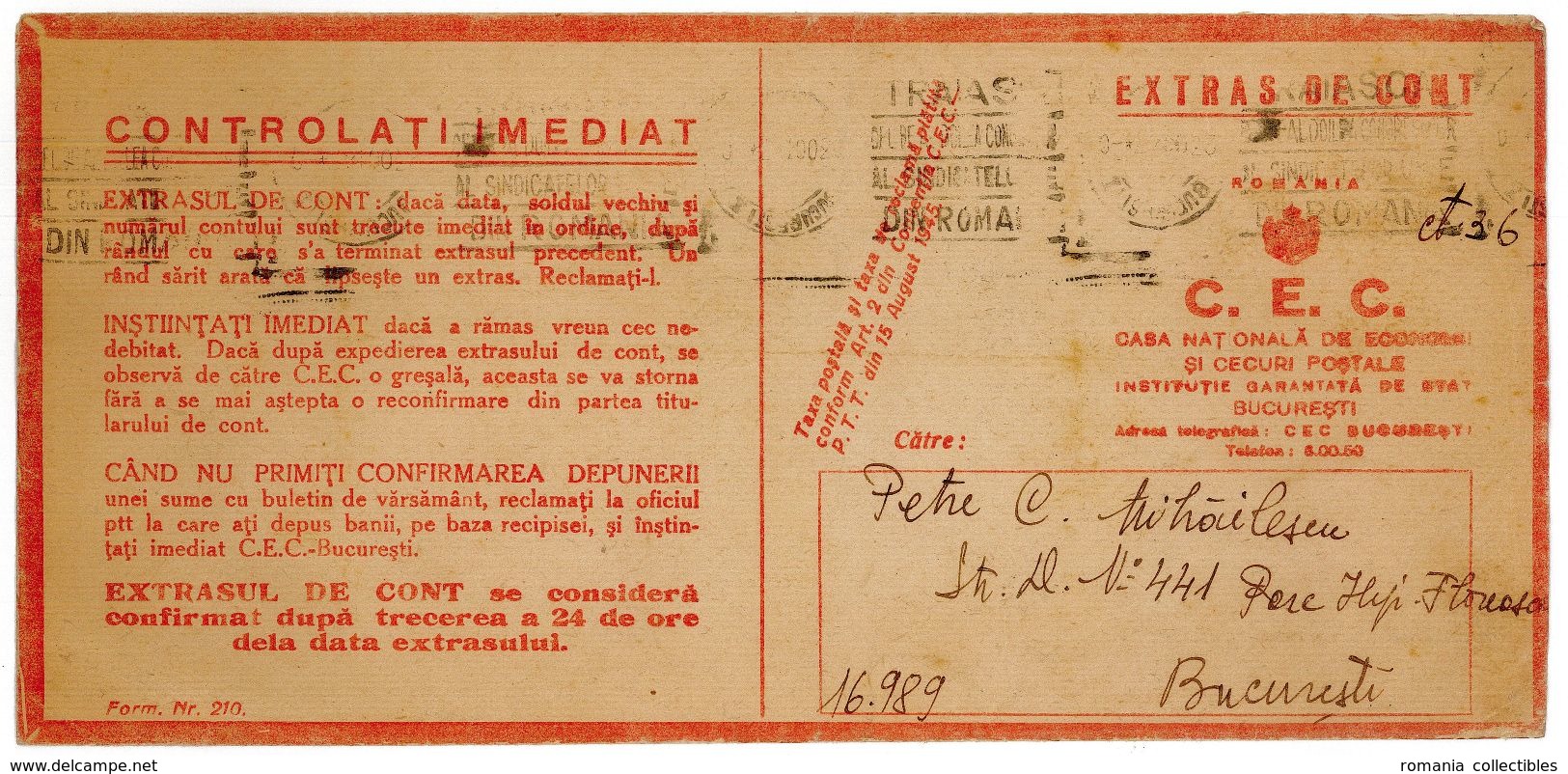 Romania, 1947, Vintage Account Statement Envelope, Romanian Savings Bank - CEC - Chèques & Chèques De Voyage