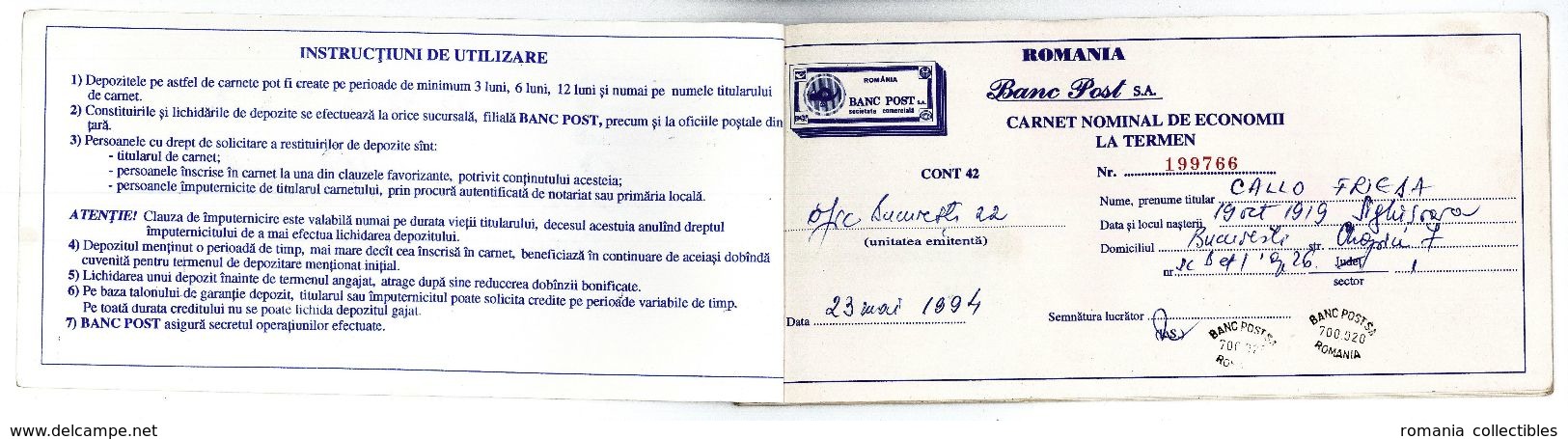 Romania, 1994, Vintage Bank Checkbook / Term Savings Book - Banc Post - Cheques & Traveler's Cheques