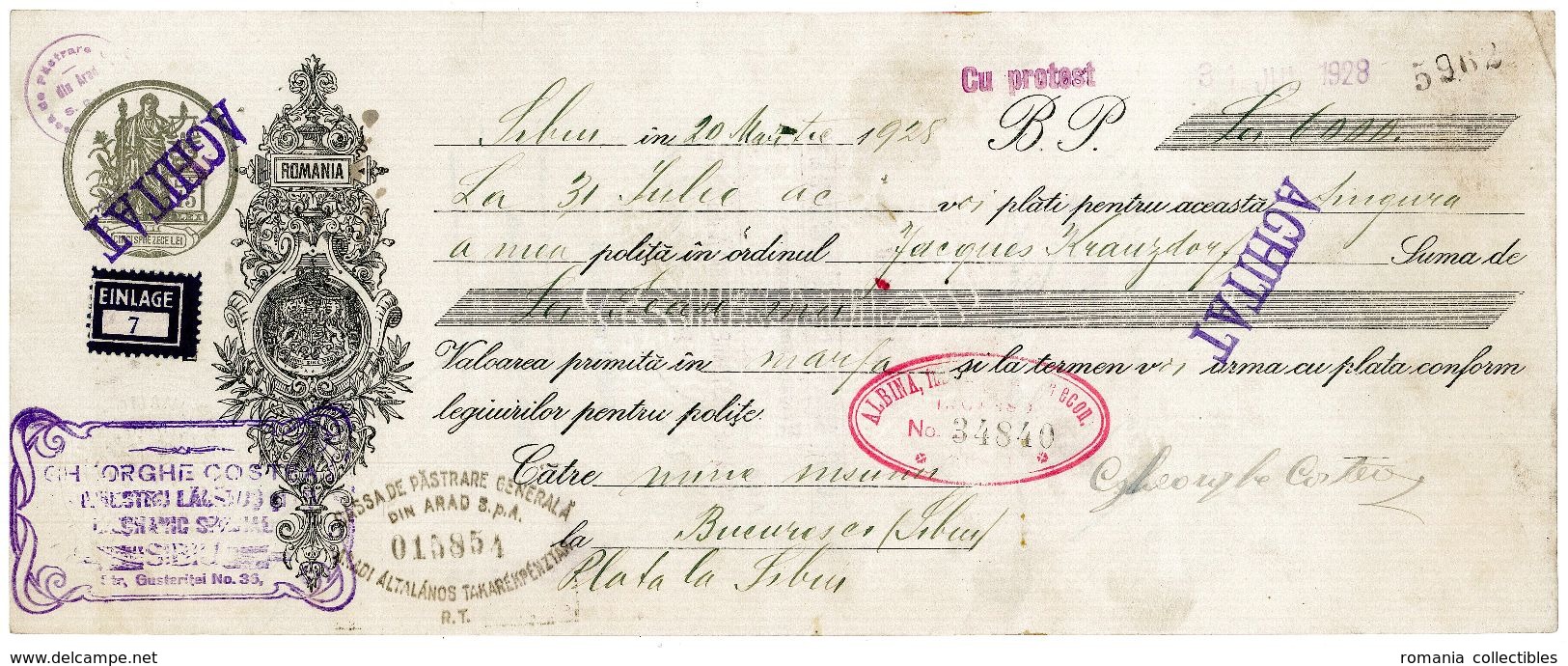 Romania, 1928, Vintage Cheque Order / Promissory Note - "Albina" Arad - Cheques & Traverler's Cheques