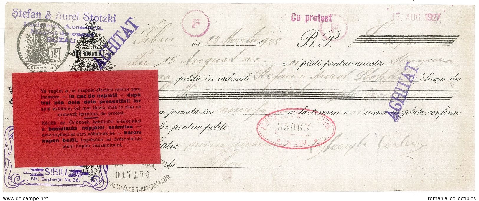 Romania, 1927, Vintage Cheque Order / Promissory Note - "Albina" Arad - Assegni & Assegni Di Viaggio