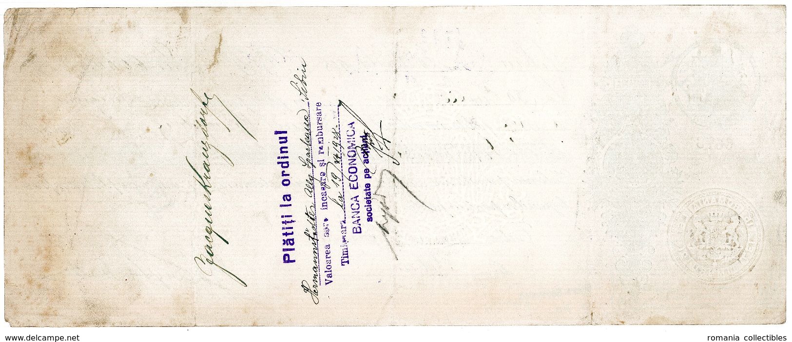 Romania, 1928, Vintage Cheque Order / Promissory Note - "Banca Economica" Timisoara - Assegni & Assegni Di Viaggio