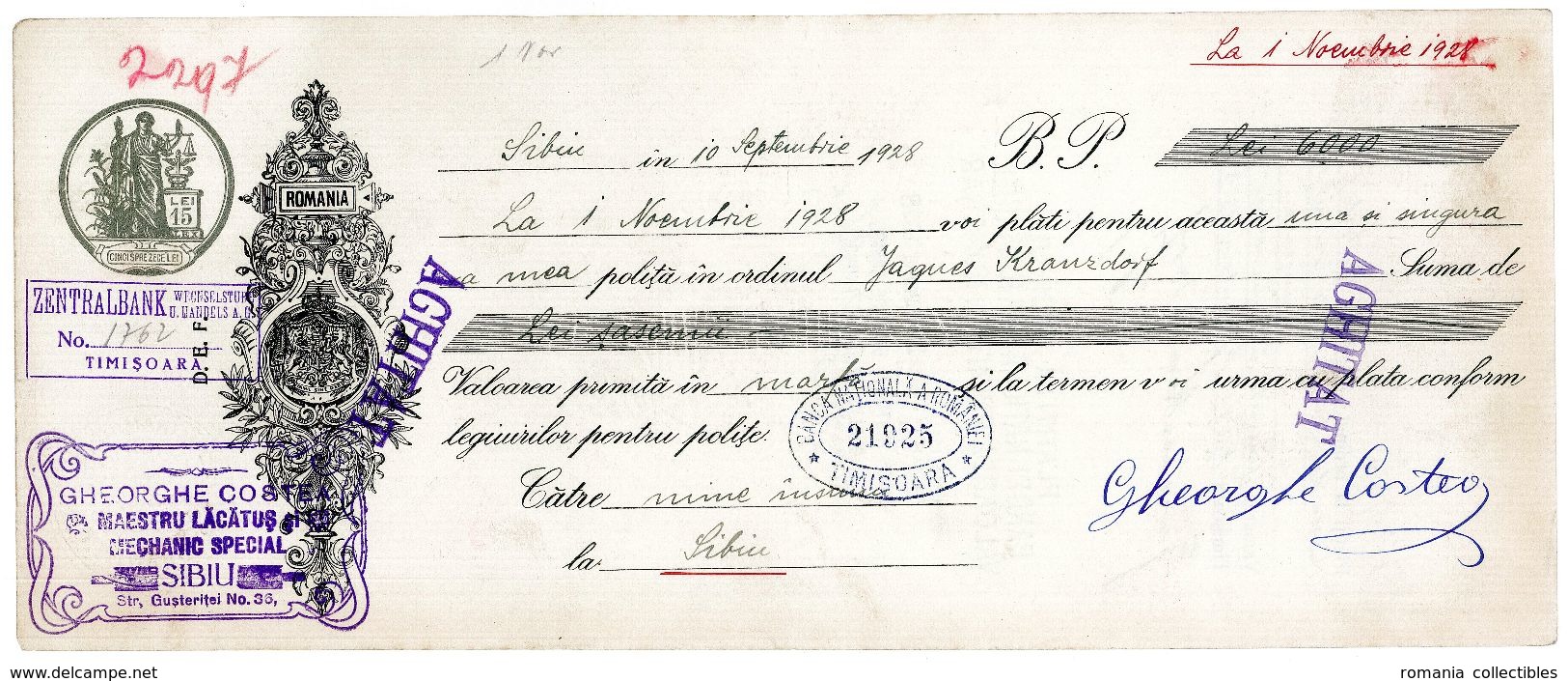 Romania, 1928, Vintage Cheque Order / Promissory Note - "Banca Centrala" Timisoara - Cheques & Traveler's Cheques