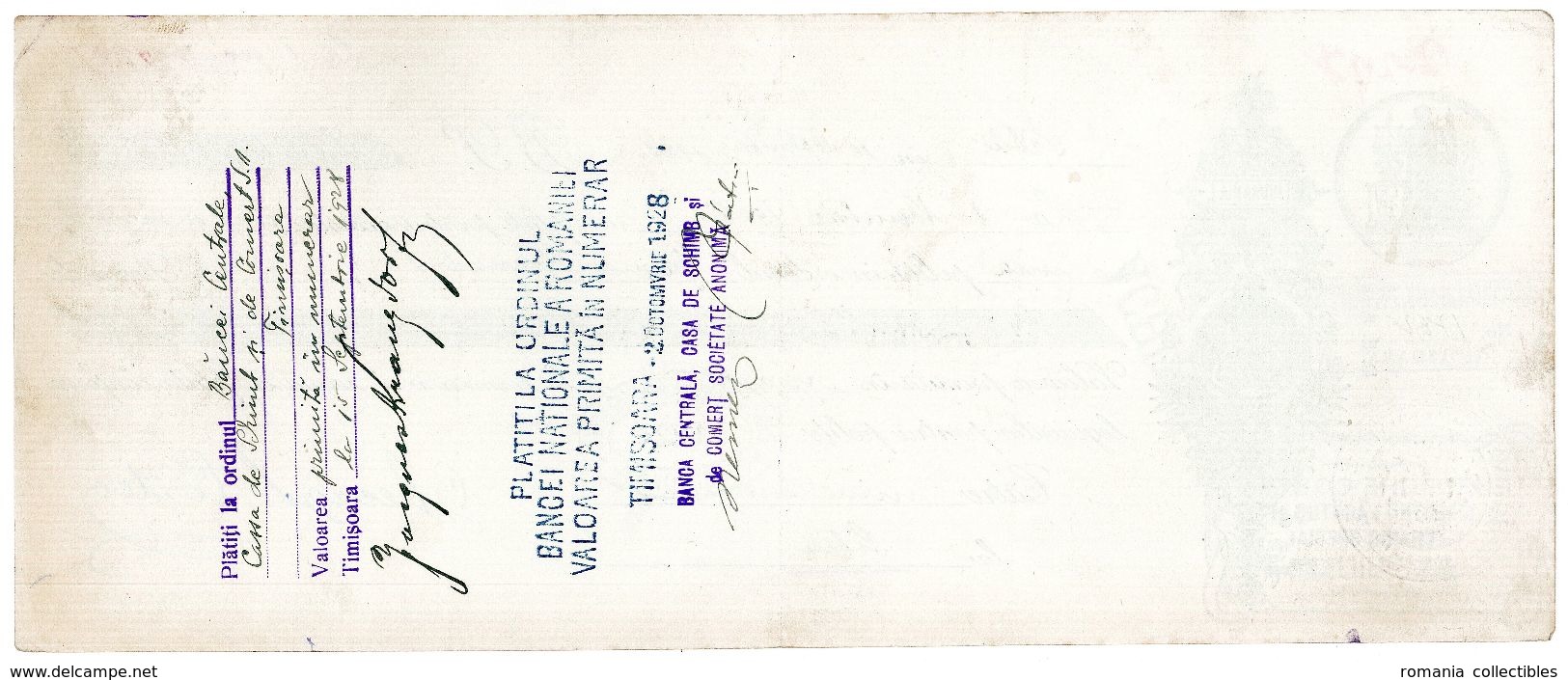 Romania, 1928, Vintage Cheque Order / Promissory Note - "Banca Centrala" Timisoara - Cheques & Traveler's Cheques