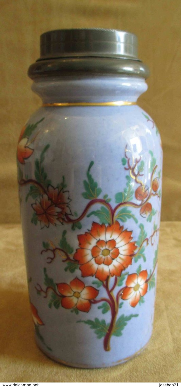 Ancien Pot à Tabac Porcelaine Et étain Décor Fleur Peint Chinoisant Fin XIX ème - Autres & Non Classés
