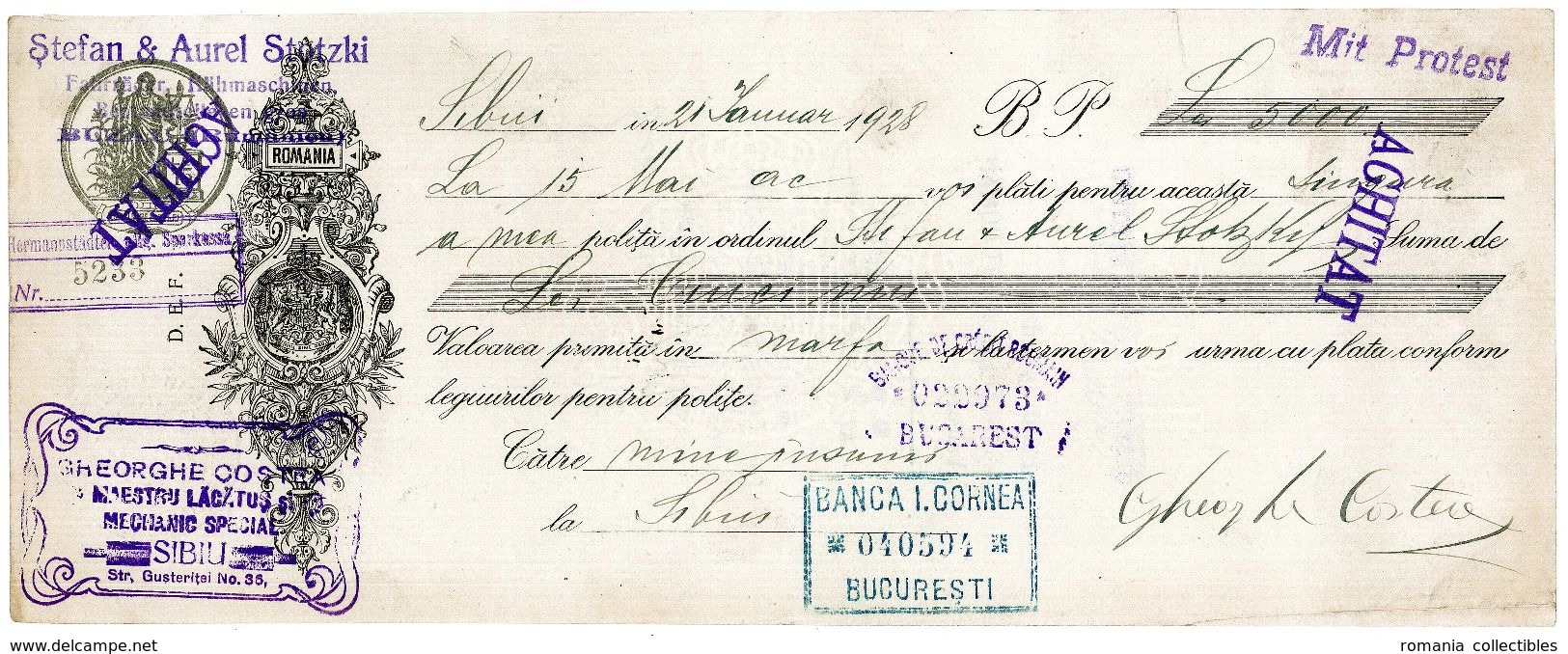 Romania, 1928, Vintage Cheque Order / Promissory Note - Sibiu - Cheques & Traveler's Cheques