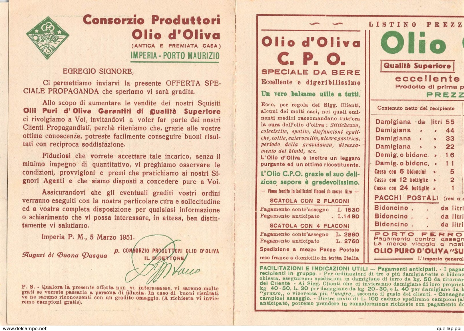 06365 "(IM) PORTO MAURIZIO - OLIO C.P.O. PURO D'OLIVA - CONSORZIO PRODUTTORI" LISTINO PREZZI - PUBBL.1951 - Pubblicitari