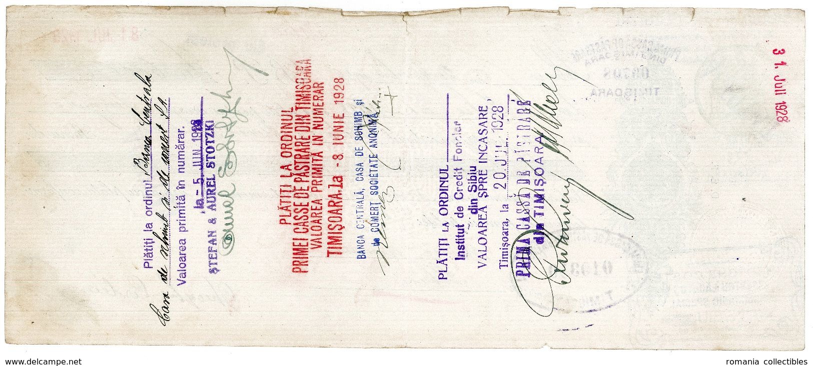 Romania, 1928, Vintage Cheque Order / Promissory Note - Timisoara - Assegni & Assegni Di Viaggio