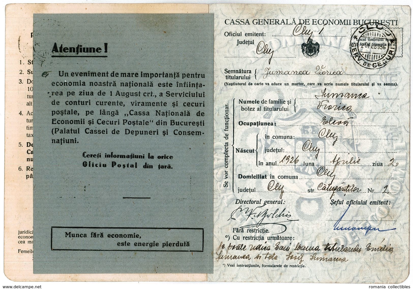 Romania, 1936, Vintage Bank Checkbook / Term Savings Book, CEC - Kingdom Period - Assegni & Assegni Di Viaggio