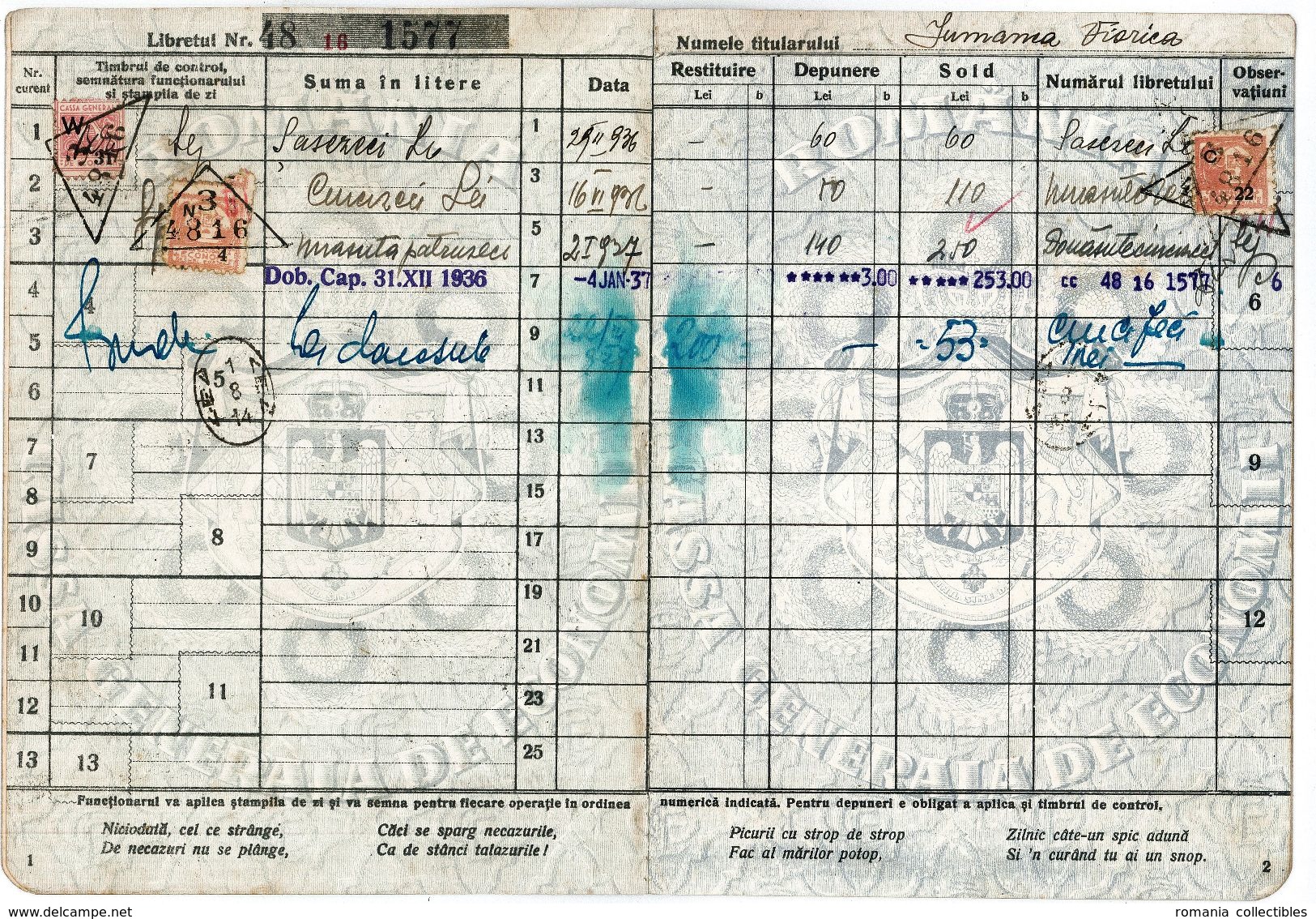 Romania, 1936, Vintage Bank Checkbook / Term Savings Book, CEC - Kingdom Period - Assegni & Assegni Di Viaggio