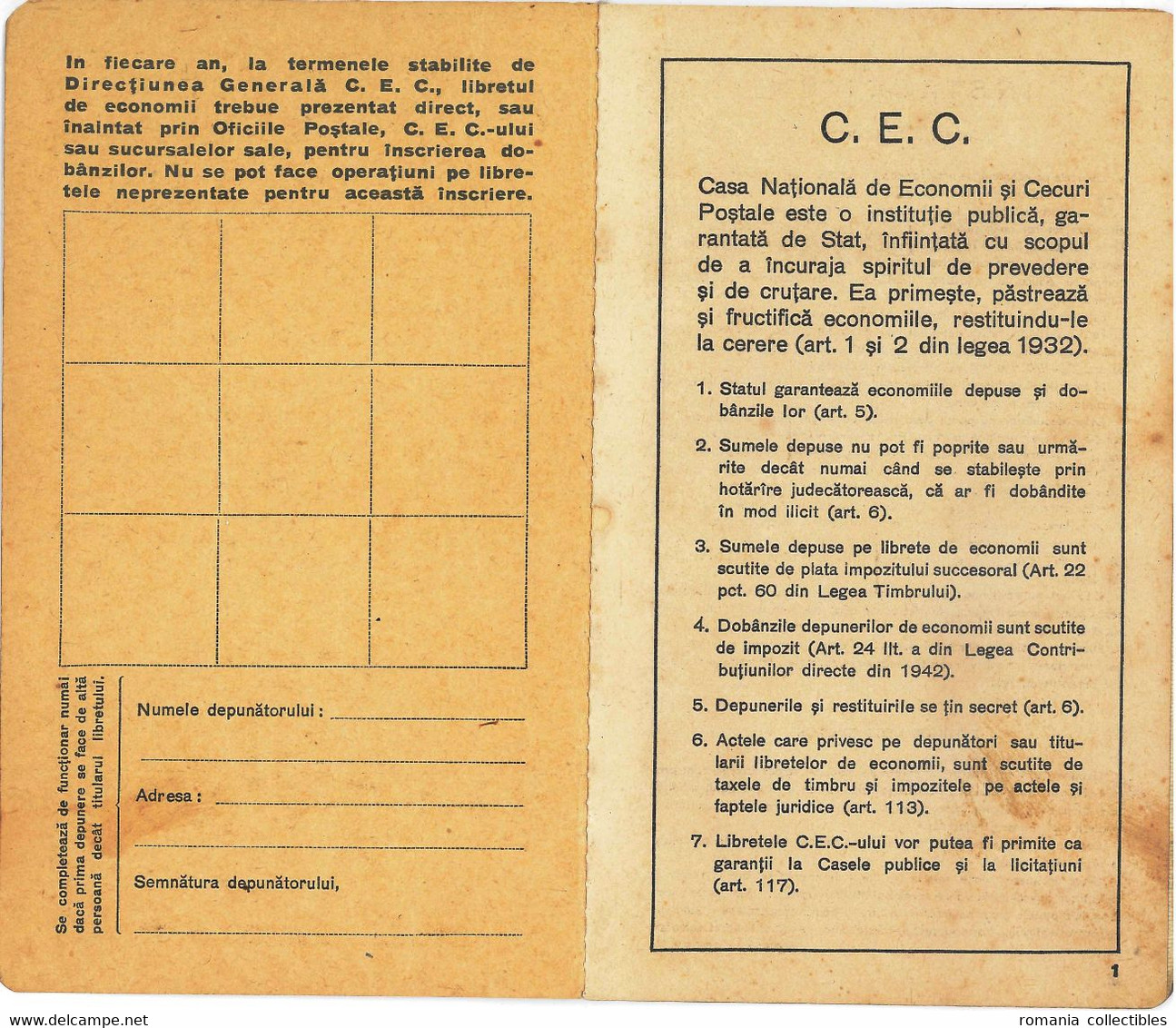 Romania, 1945, Vintage Bank Checkbook / Term Savings Book, CEC - Kingdom Period - Chèques & Chèques De Voyage