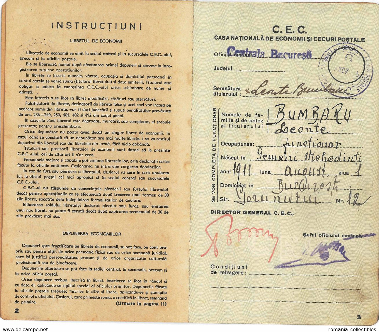 Romania, 1945, Vintage Bank Checkbook / Term Savings Book, CEC - Kingdom Period - Assegni & Assegni Di Viaggio