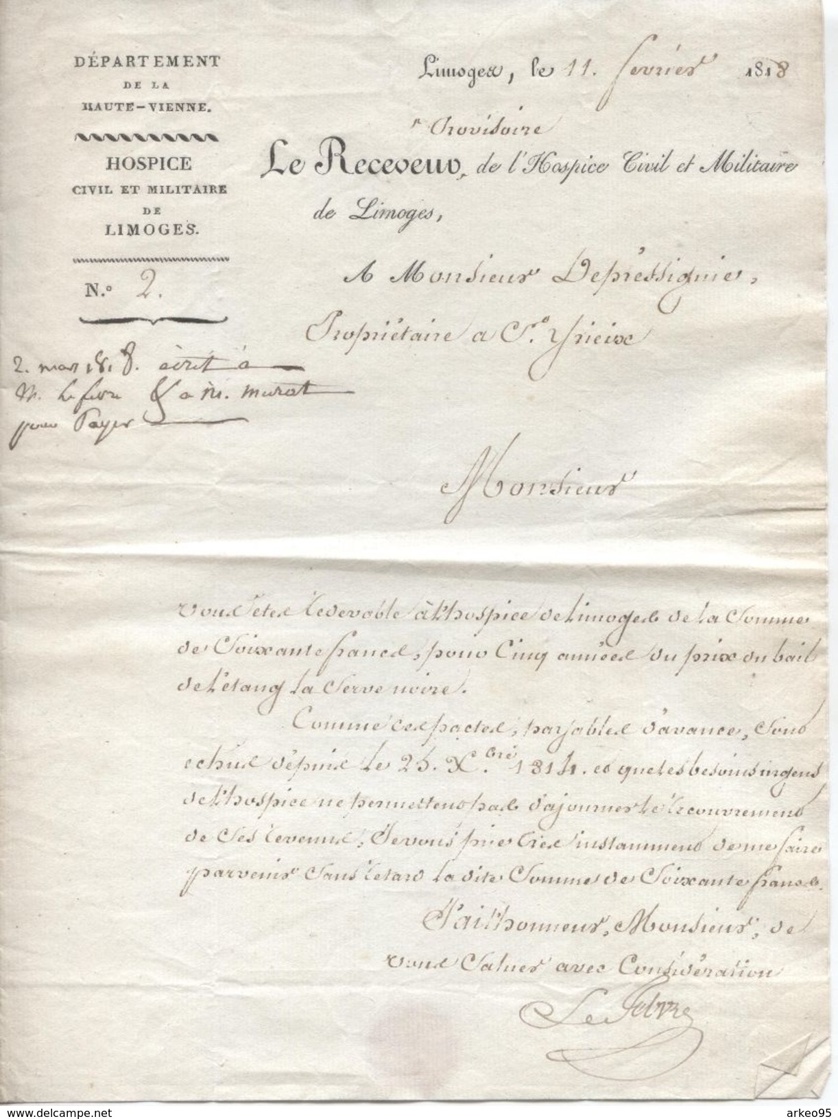 Lettre Du Receveur De L'hospice Civil Et Militaire De Limoges, 11/2/1818 - Historische Dokumente