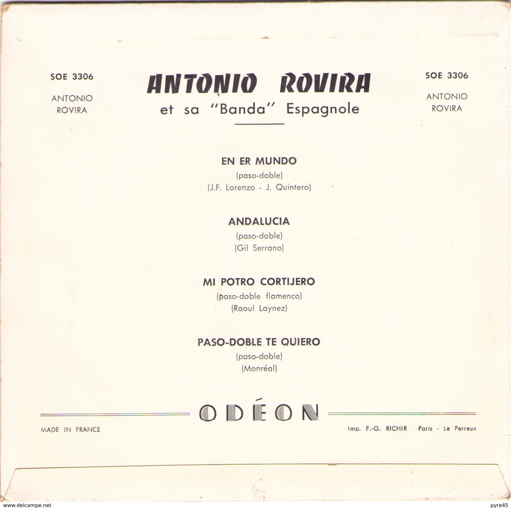 45 TOURS ANTONIO ROVIRA ODEON SOE 3306 EN ER MUNDO / ANDALUCIA / MI POTRO CORTIJERO / PASO DOBLE TE QUIERO - Otros - Canción Española