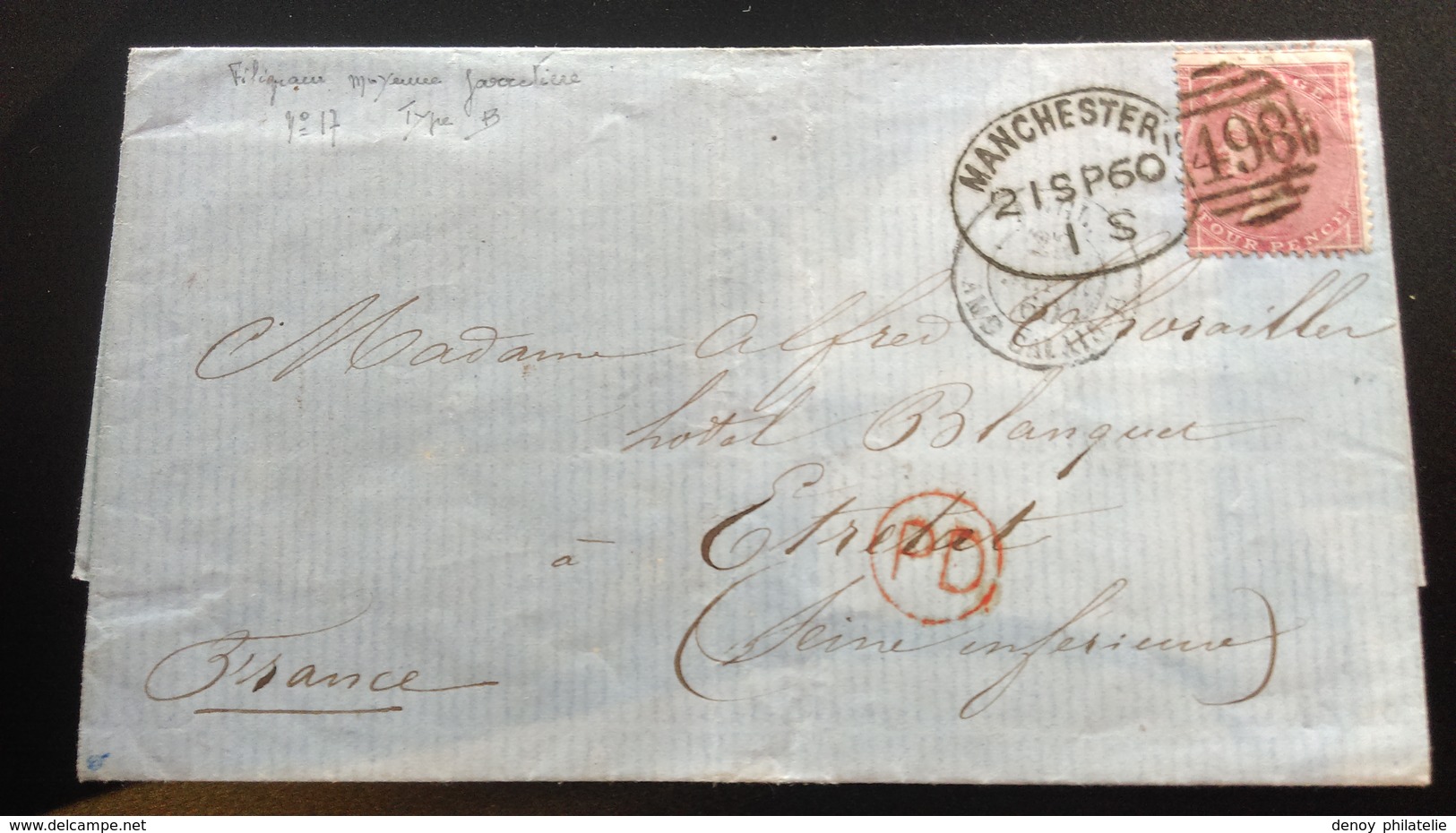 Grande Bretagne N° 17 (filigrane Type B ) De Manchester 1860 A Destination De France Etretat - Covers & Documents