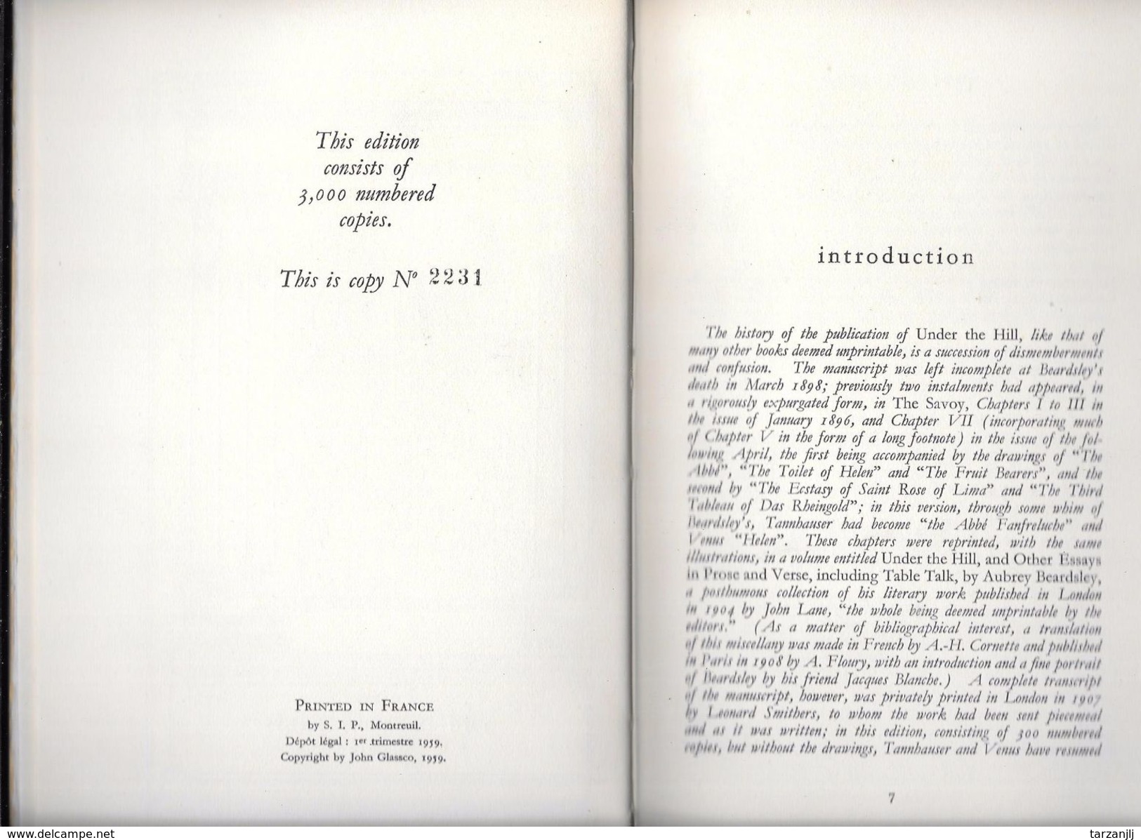 Livre Numéroté "Under The Hill" The Story Of Venus And Tannhauser By Aubrey Beardsley (Completed By John Glassco) 1959 - Poésie