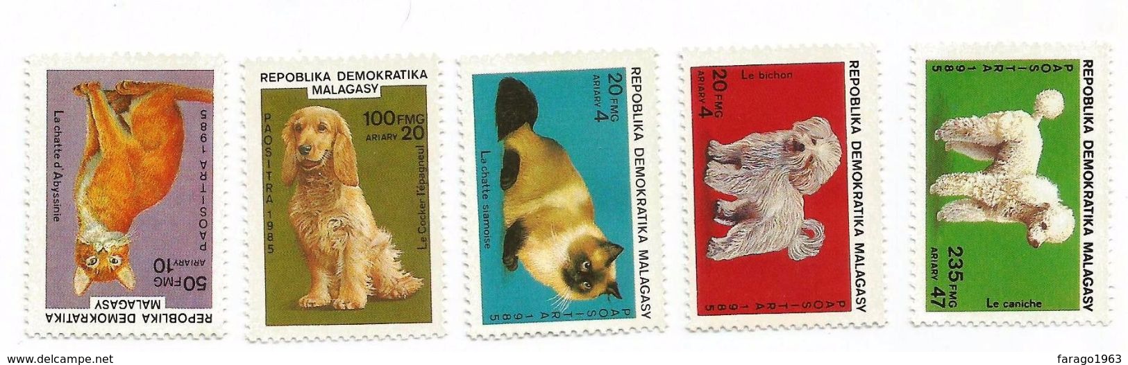 1985 Malagasy Madagascar Cats & Dogs Complete Set Of 5 + Souvenir Sheet MNH - Madagaskar (1960-...)