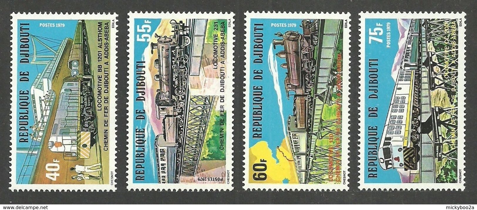 DJIBOUTI 1979 TRAINS RAILWAYS SHIPS BRIDGES ADDIS ABABA RAILWAY SET MNH - Djibouti (1977-...)