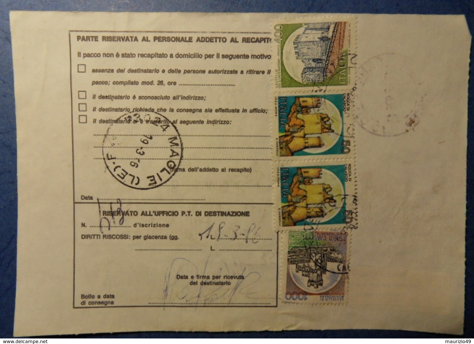 BENEVENTO 1996 13 Mar BOLLETTINO PACCHI POSTALI - PARCEL POST BULLETIN - Castelli 1000 Lire Colore Virante Azzurro - Varietà E Curiosità