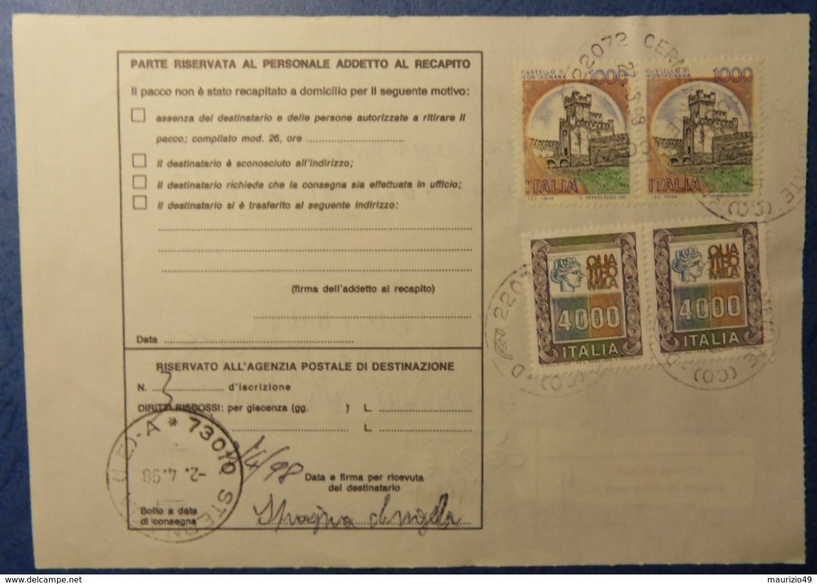 CERMENATE 1998 27 Mar BOLLETTINO PACCHI POSTALI - PARCEL POST BULLETIN - Castelli 1000 Colore Spostato Più Chiaro + 4000 - Varietà E Curiosità