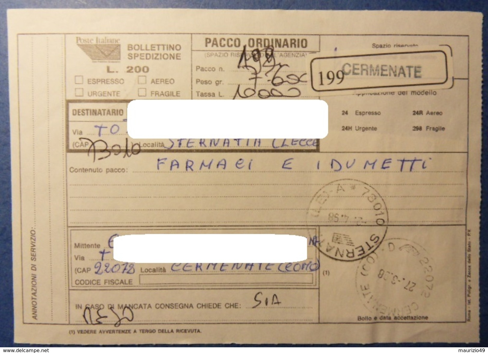 CERMENATE 1998 27 Mar BOLLETTINO PACCHI POSTALI - PARCEL POST BULLETIN - Castelli 1000 Colore Spostato Più Chiaro + 4000 - Varietà E Curiosità